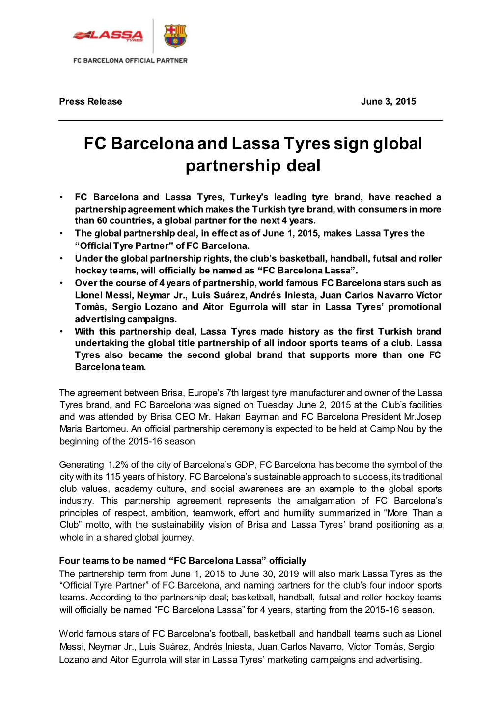 FC Barcelona and Lassa Tyres Sign Global Partnership Deal