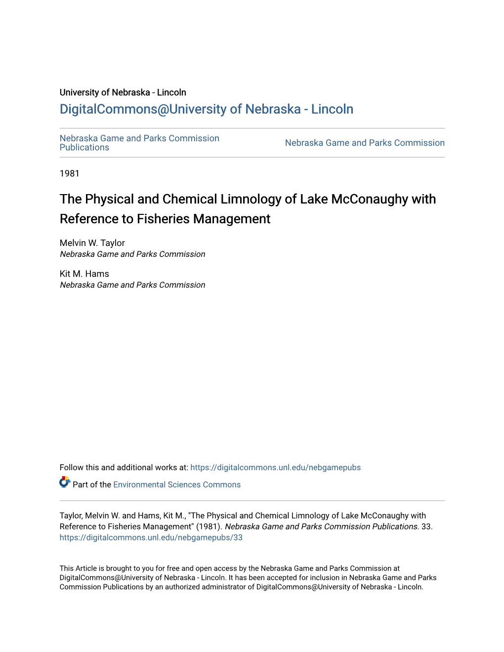 The Physical and Chemical Limnology of Lake Mcconaughy with Reference to Fisheries Management
