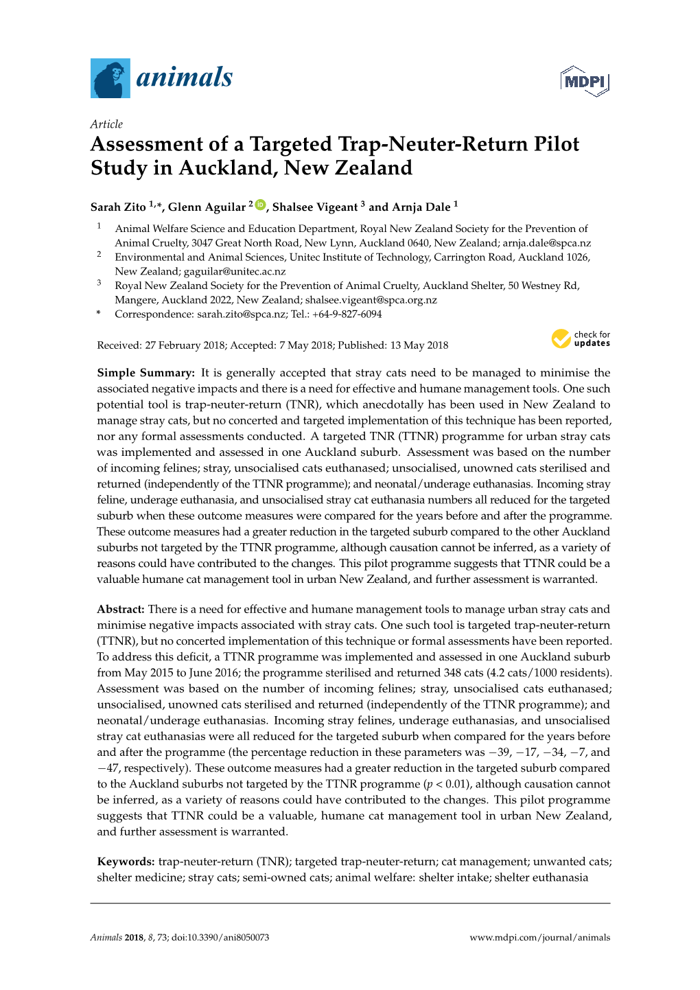 Assessment of a Targeted Trap-Neuter-Return Pilot Study in Auckland, New Zealand