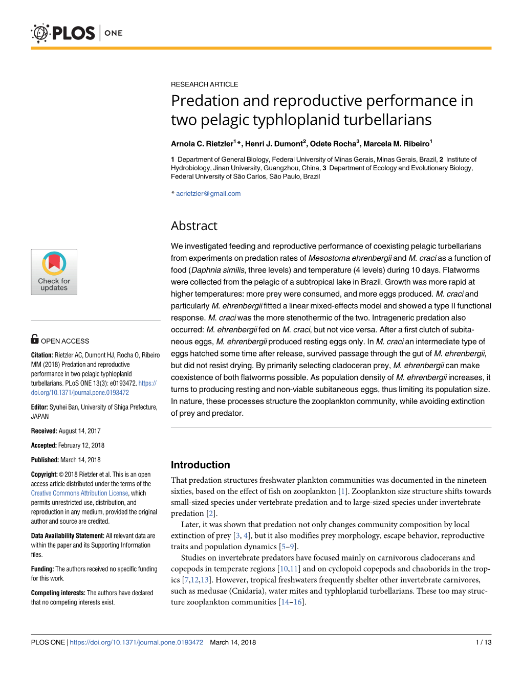 Predation and Reproductive Performance in Two Pelagic Typhloplanid Turbellarians