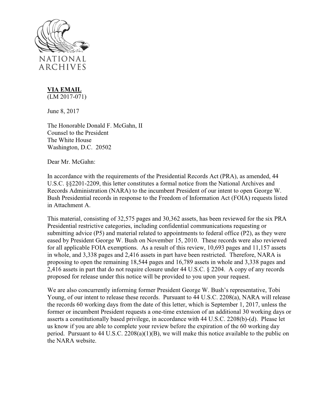 Letter of Notification of Presidential Records Release (George W. Bush)