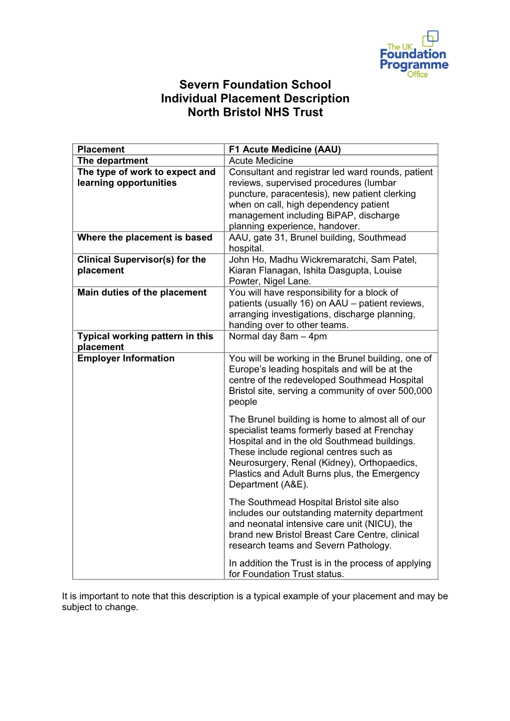 Individual Placement Description North Bristol NHS Trust