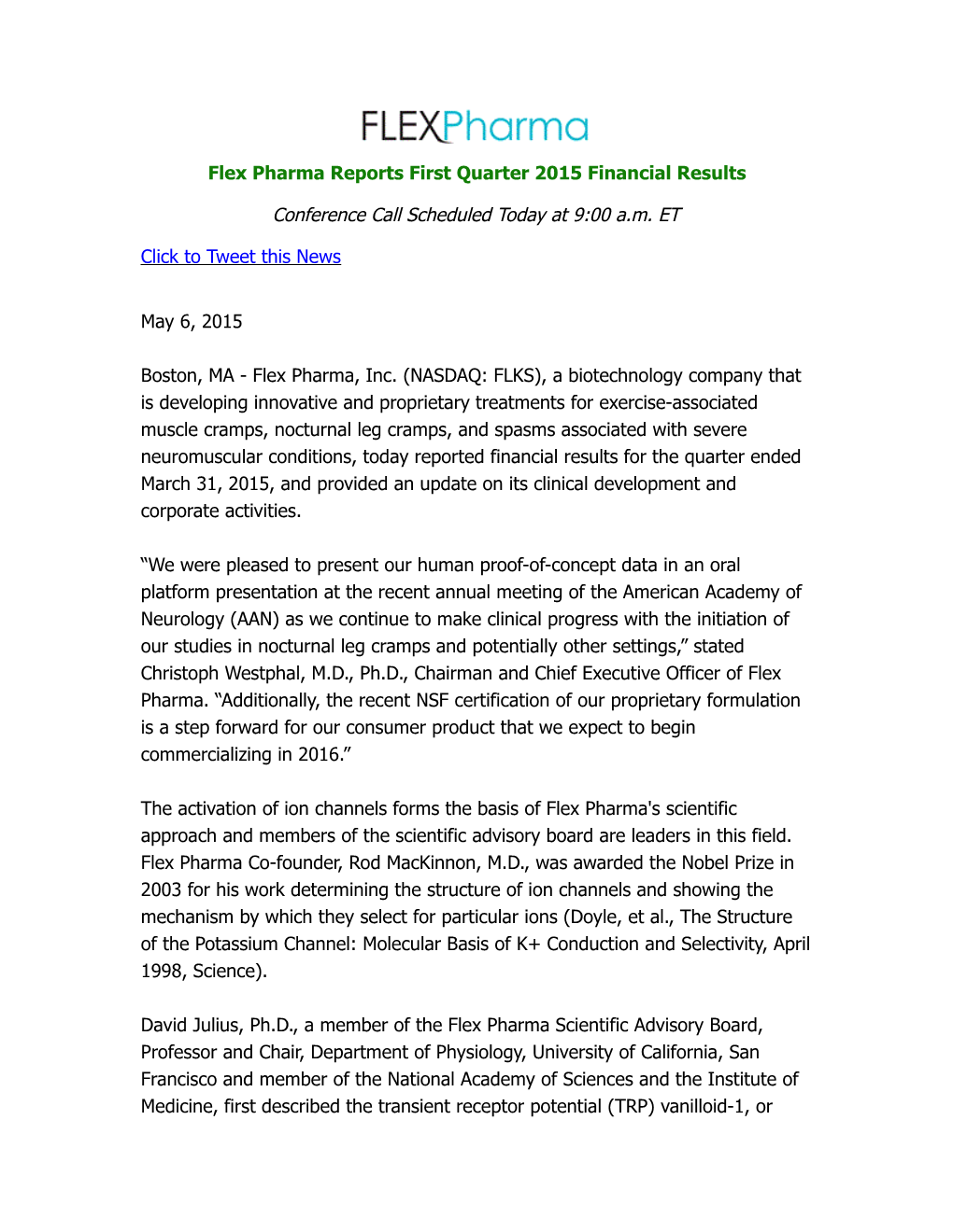 Flex Pharma Reports First Quarter 2015 Financial Results