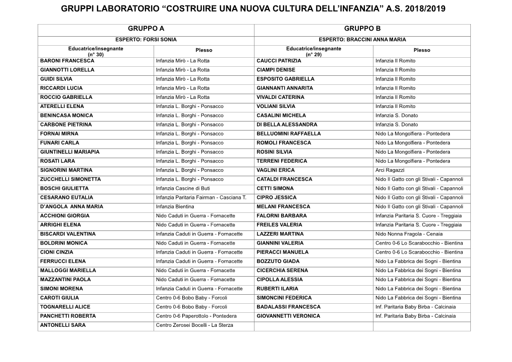 Gruppi Laboratorio “Costruire Una Nuova Cultura Dell’Infanzia” A.S