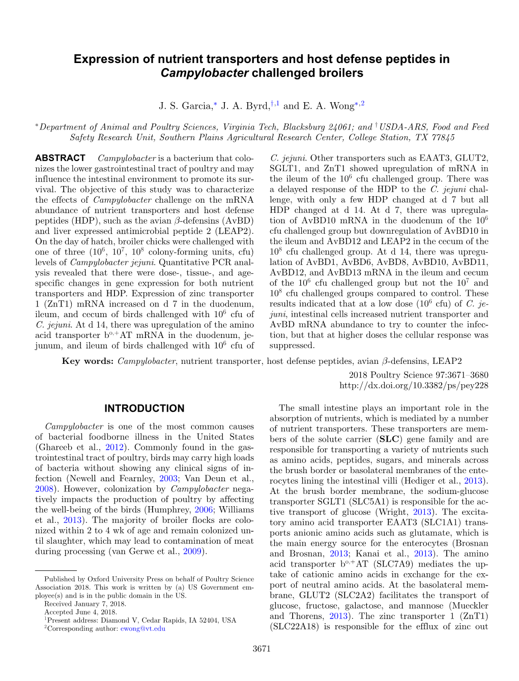 Expression of Nutrient Transporters and Host Defense Peptides in Campylobacter Challenged Broilers