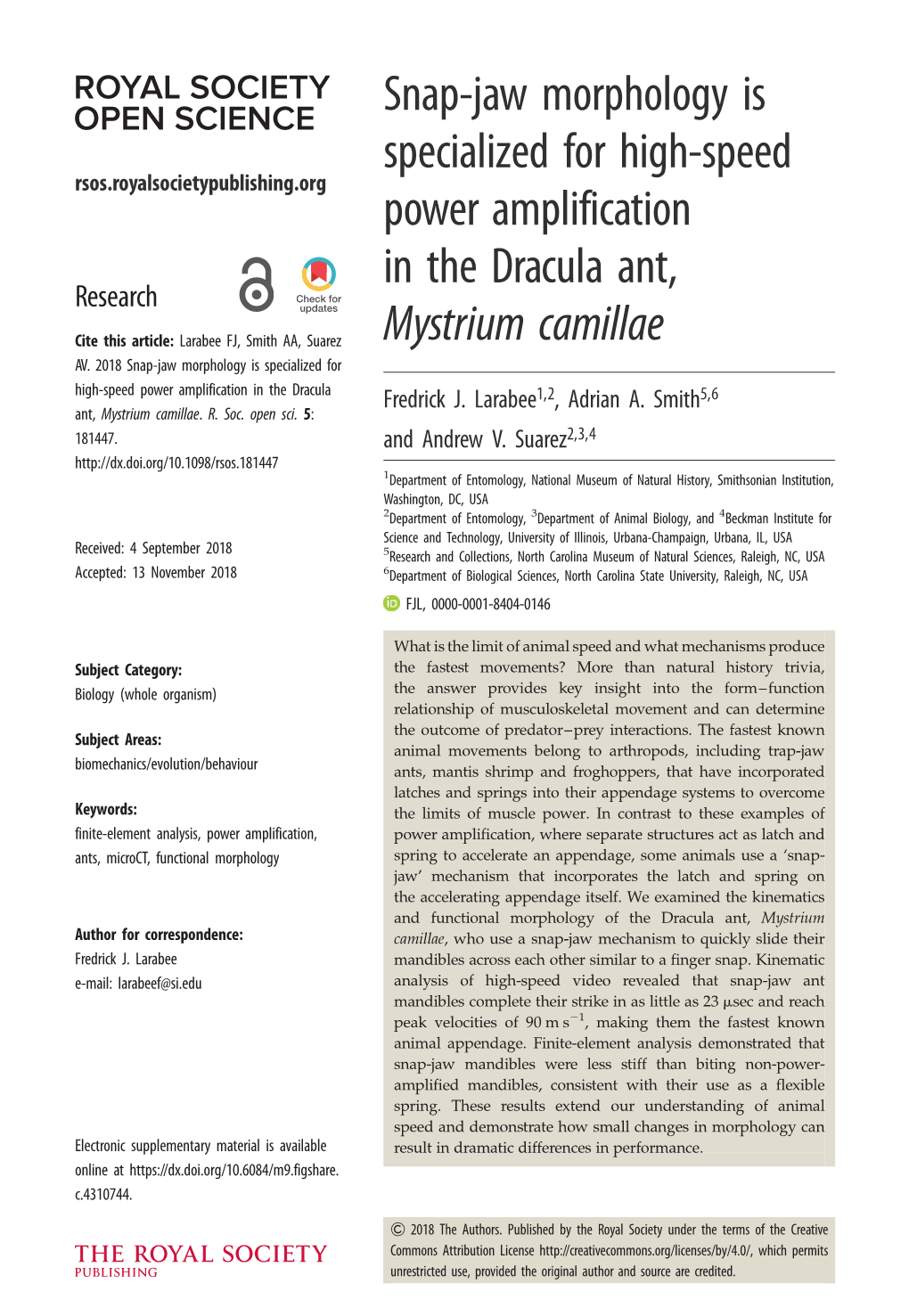 Snap-Jaw Morphology Is Specialized for High-Speed Power Amplification in the Dracula Ant, Mystrium Camillae