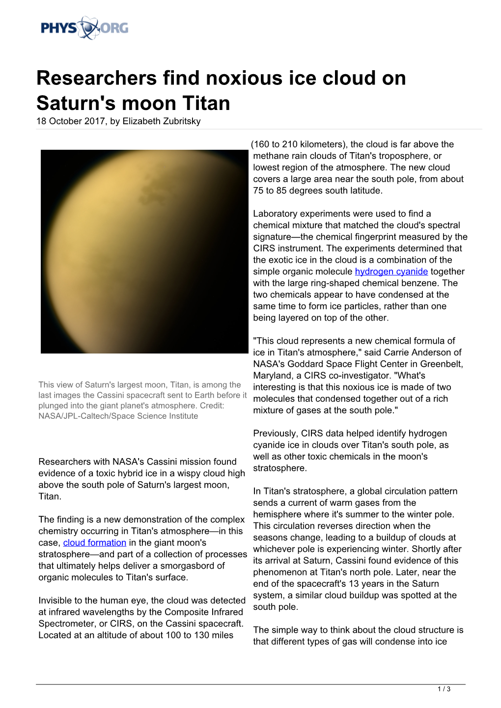 Researchers Find Noxious Ice Cloud on Saturn's Moon Titan 18 October 2017, by Elizabeth Zubritsky