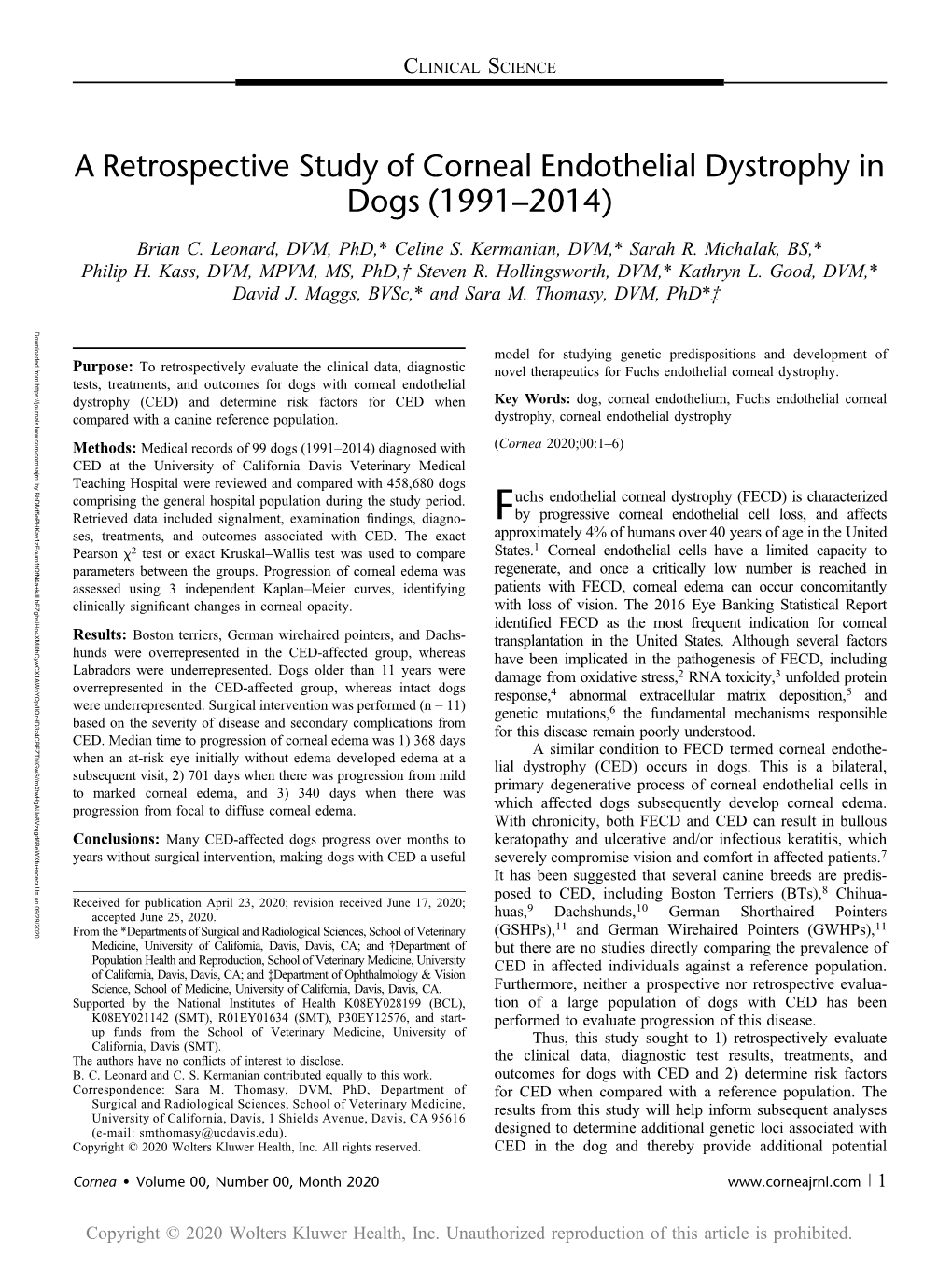 A Retrospective Study of Corneal Endothelial Dystrophy in Dogs