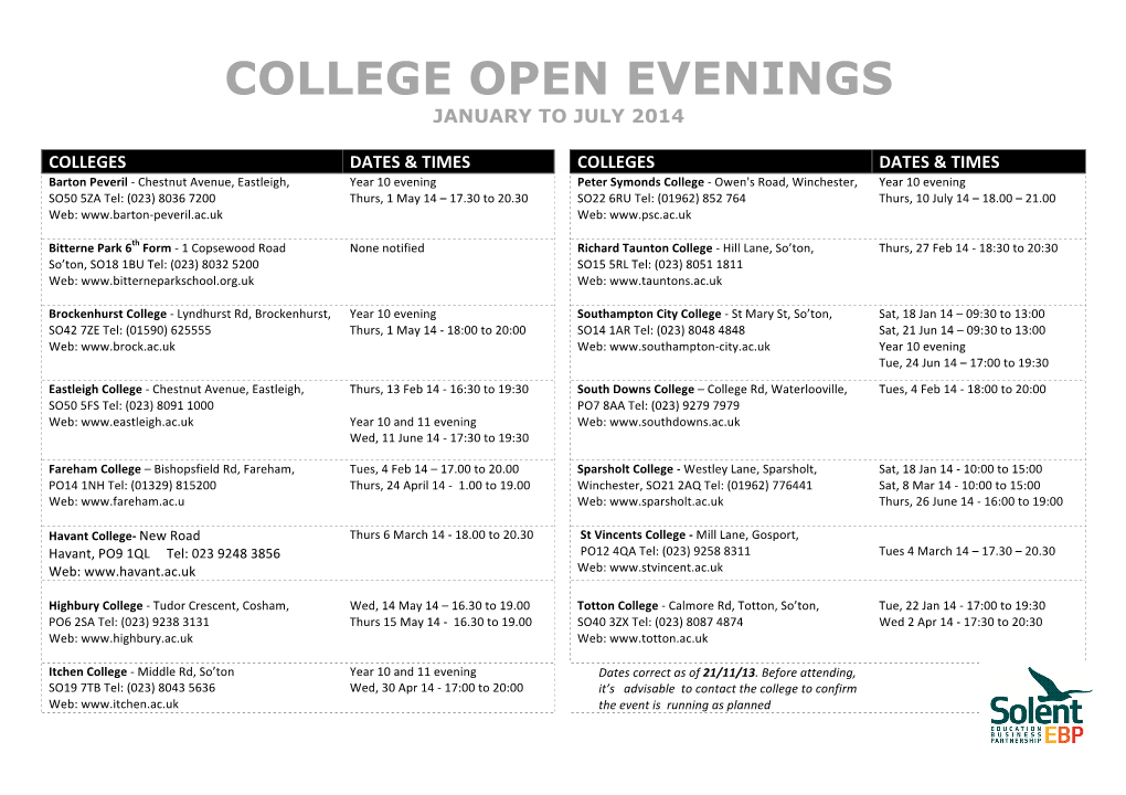 College Open Evenings January to July 2014