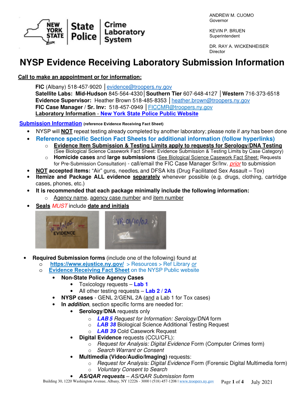 NYSP Evidence Receiving Laboratory Submission Information