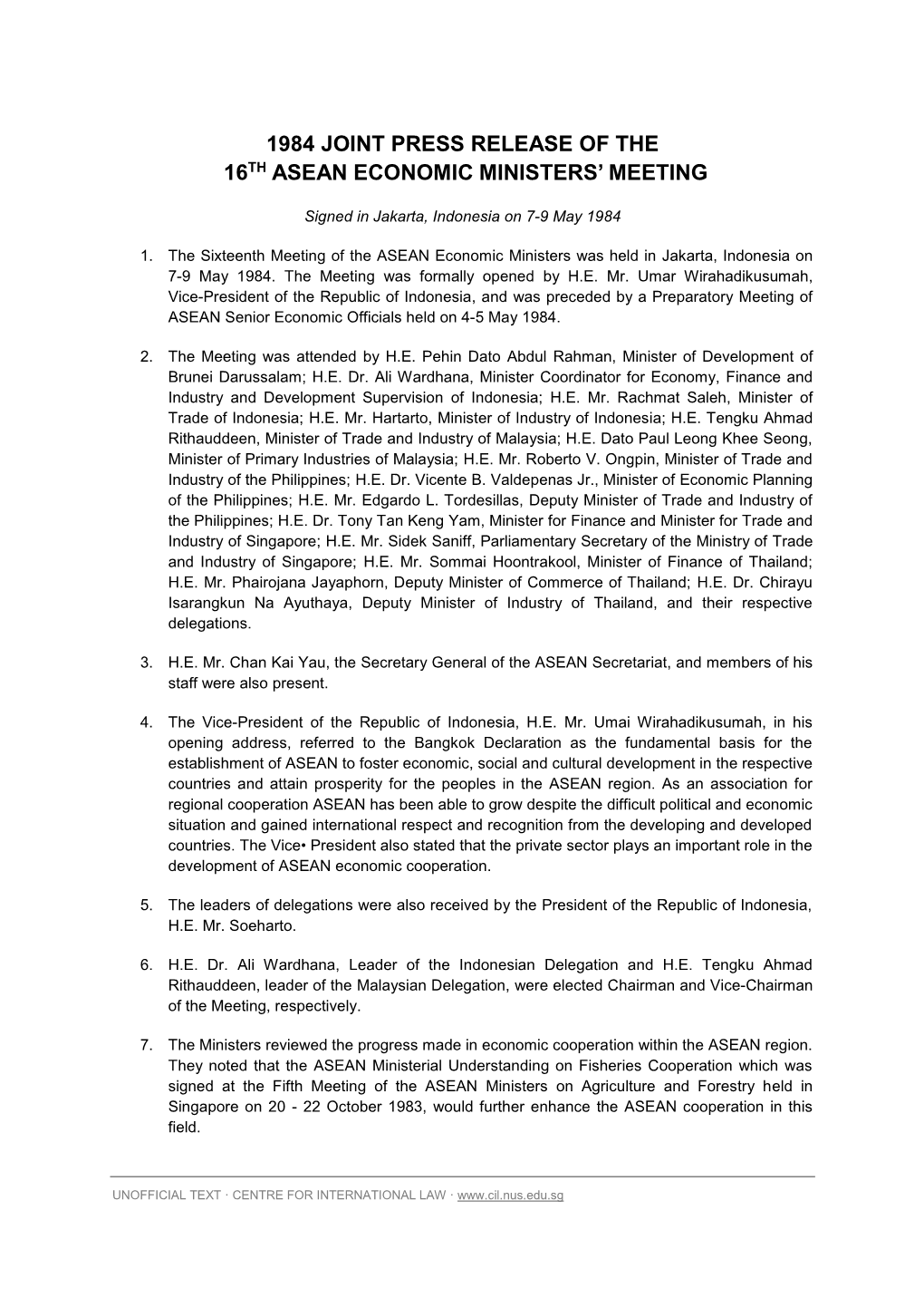 1984 Joint Press Release of the 16Th Asean Economic Ministers’ Meeting