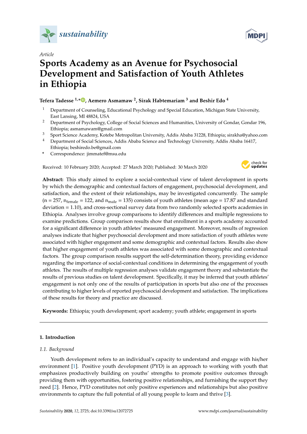 Sports Academy As an Avenue for Psychosocial Development and Satisfaction of Youth Athletes in Ethiopia