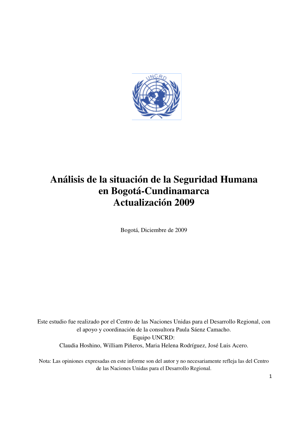 Análisis De La Situación De La Seguridad Humana En Bogotá-Cundinamarca Actualización 2009