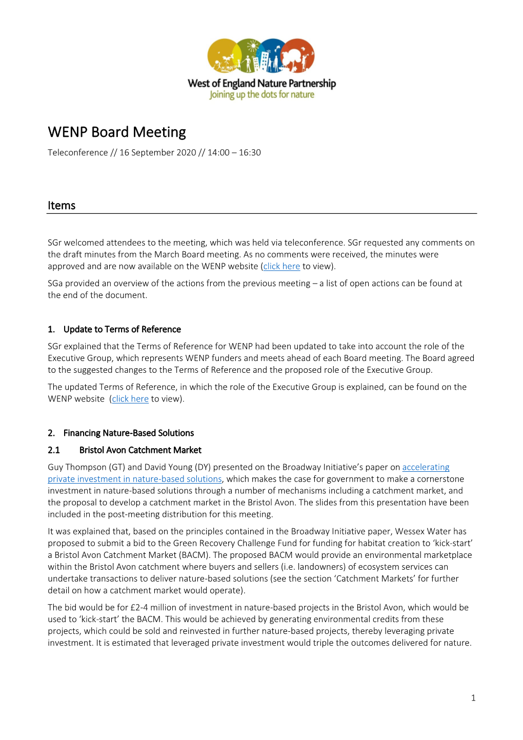 WENP Board Meeting Teleconference // 16 September 2020 // 14:00 – 16:30