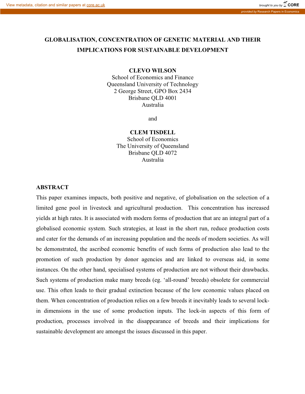 Globalisation, Concentration of Genetic Material and Their Implications for Sustainable Development