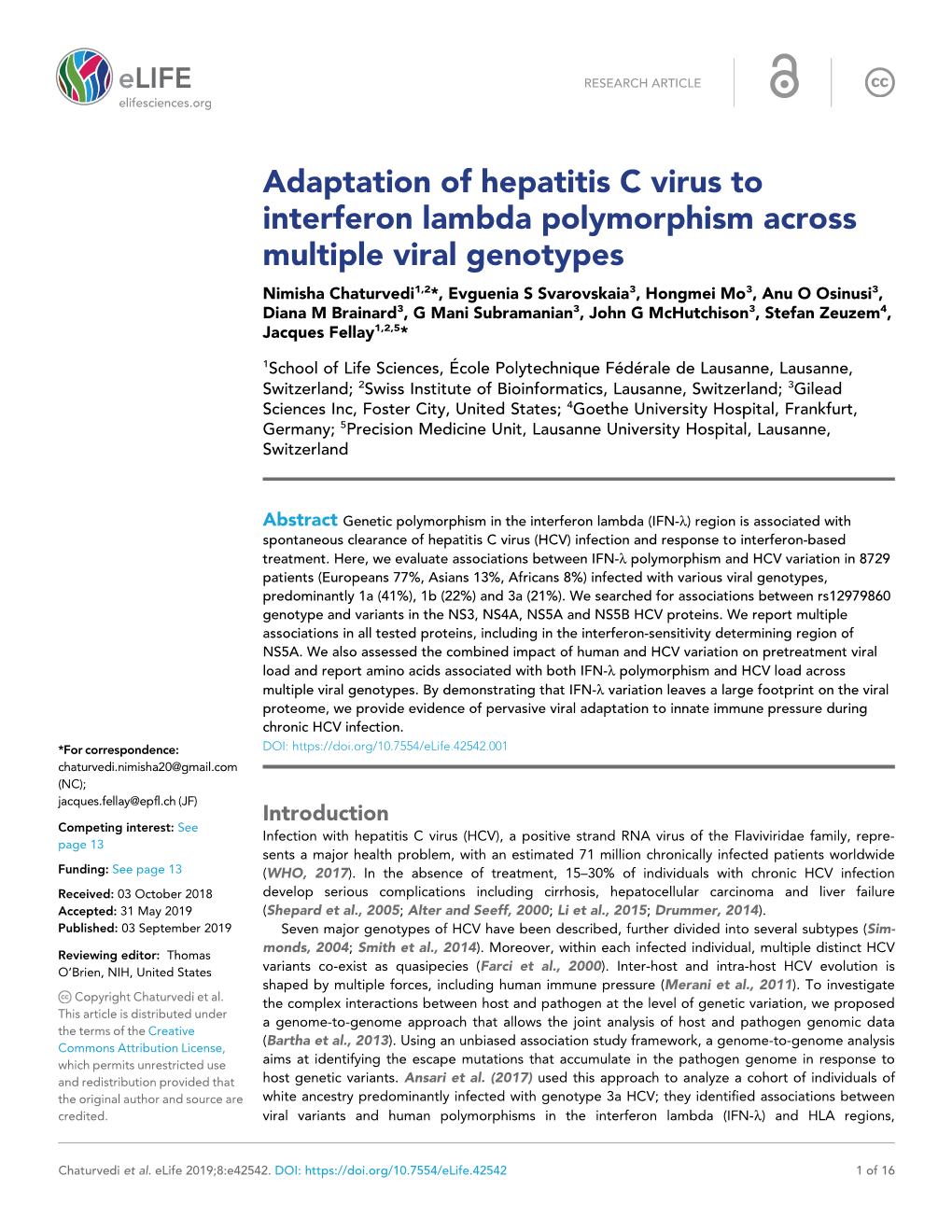 Adaptation of Hepatitis C Virus to Interferon Lambda Polymorphism