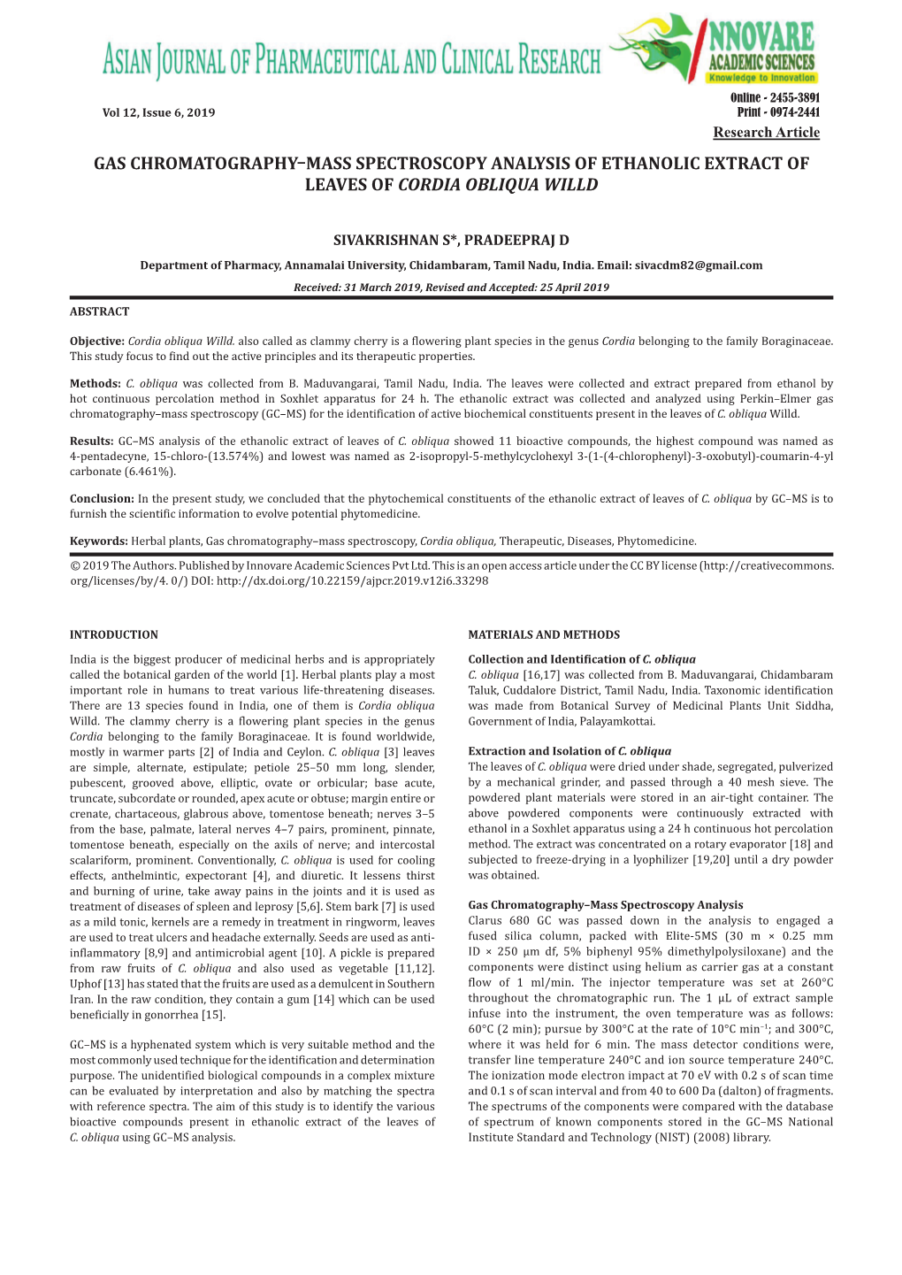 Gas Chromatography–Mass Spectroscopy Analysis of Ethanolic Extract of Leaves of Cordia Obliqua Willd