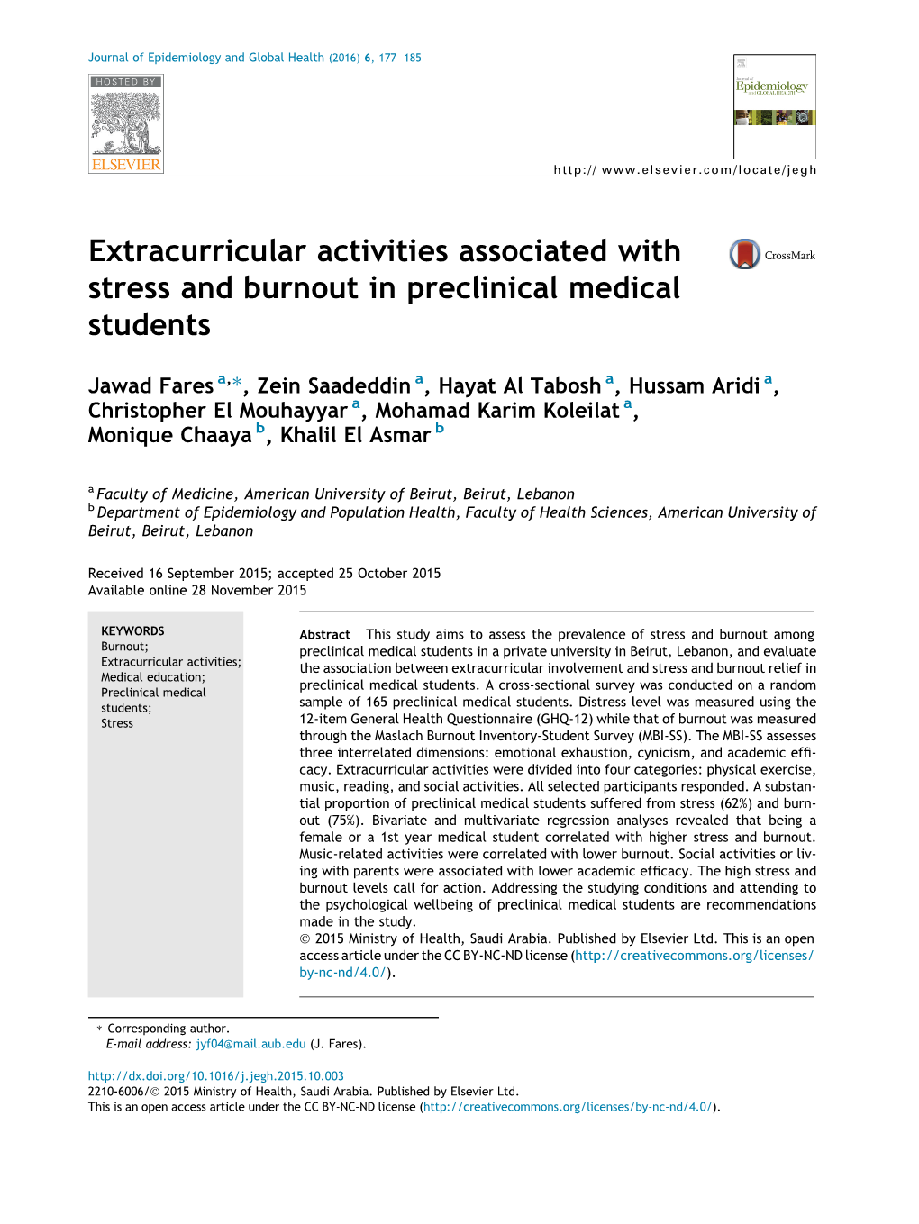 Extracurricular Activities Associated with Stress and Burnout in Preclinical Medical Students