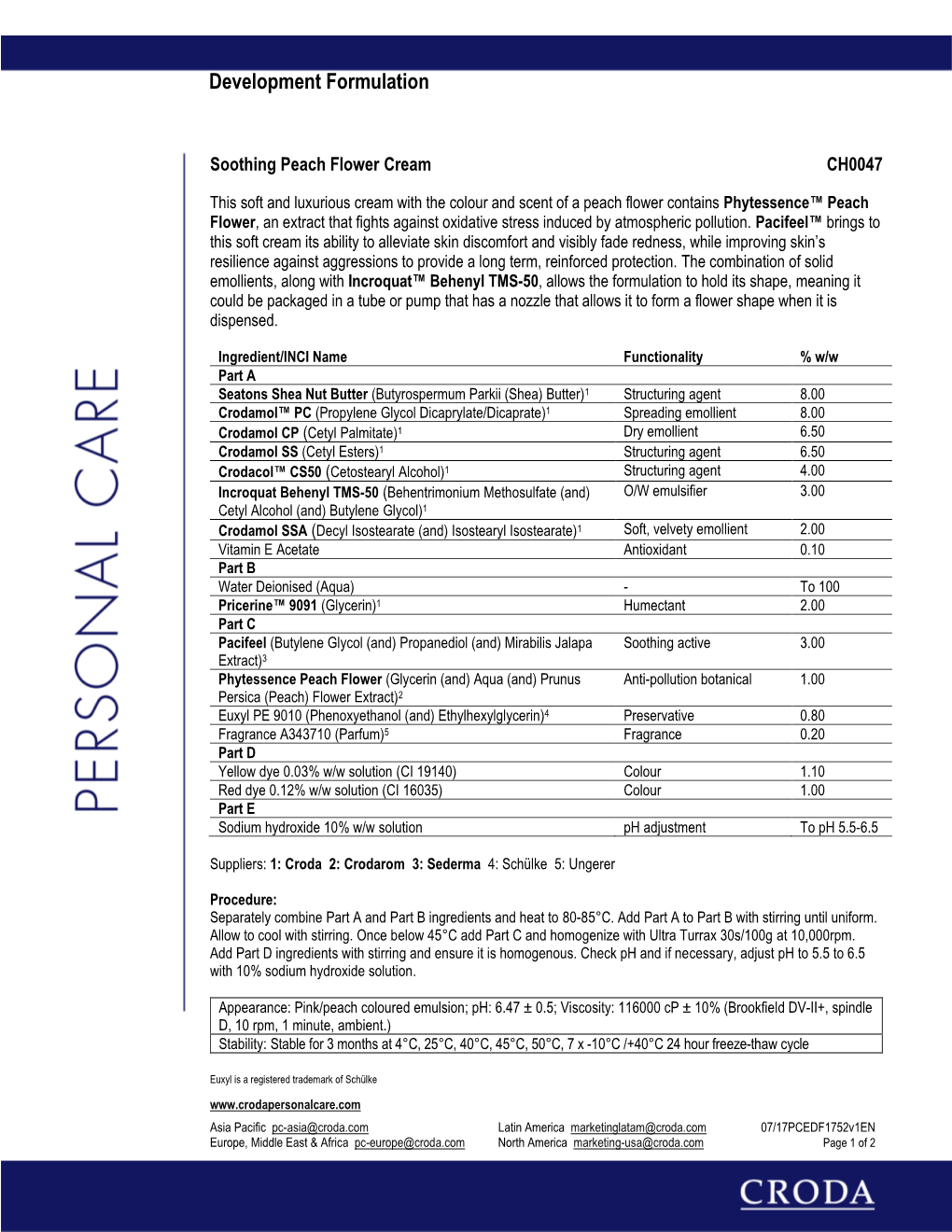 Croda Inc Personal Care Formulation Template