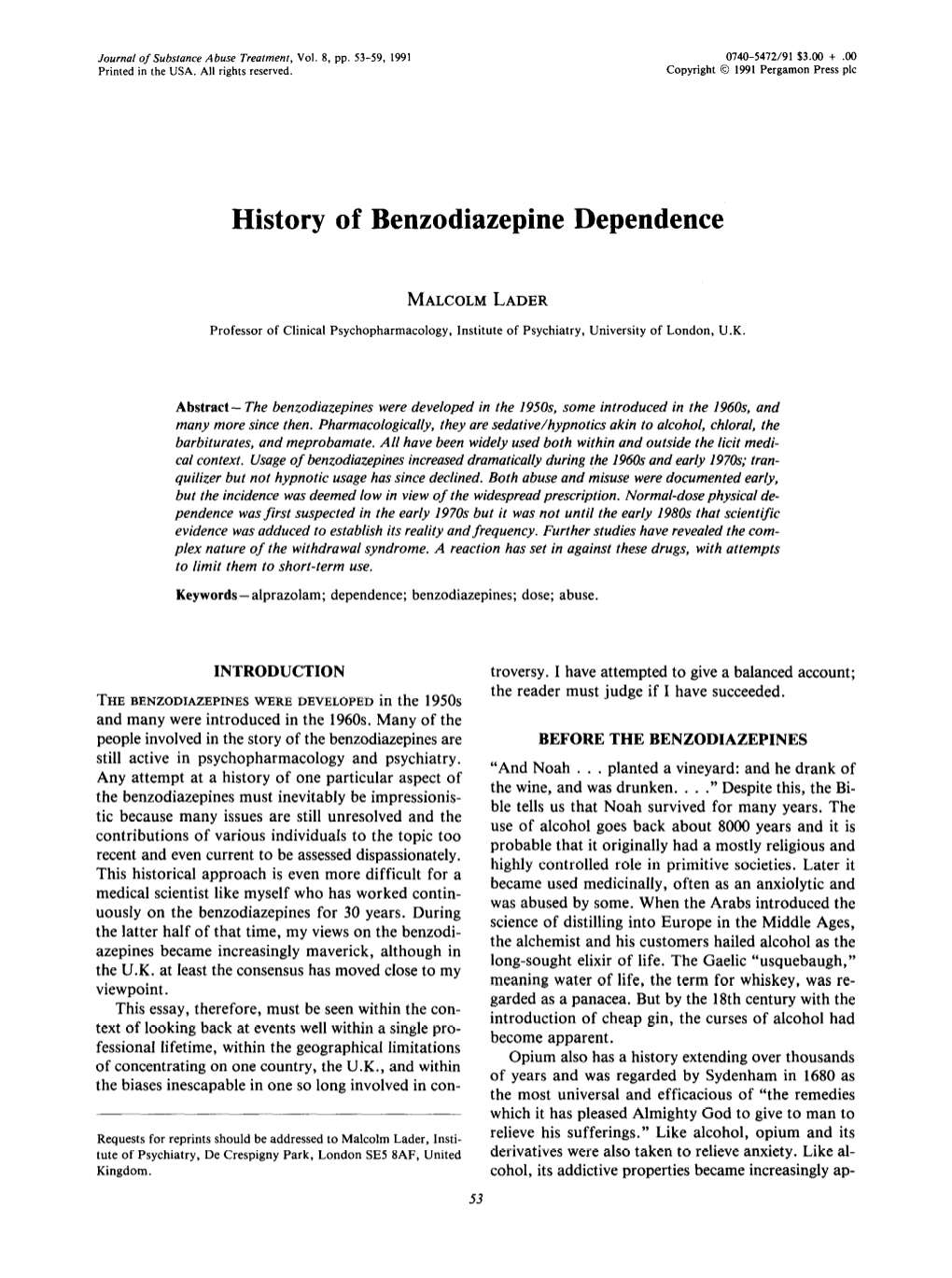 History of Benzodiazepine Dependence