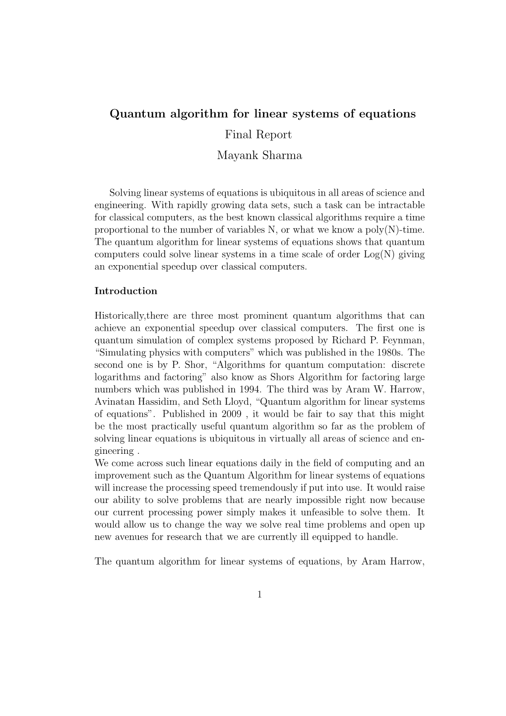 Quantum Algorithm for Linear Systems of Equations Final Report Mayank Sharma