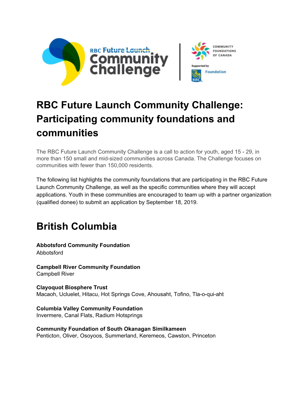 RBC Future Launch Community Challenge: Participating Community Foundations and Communities