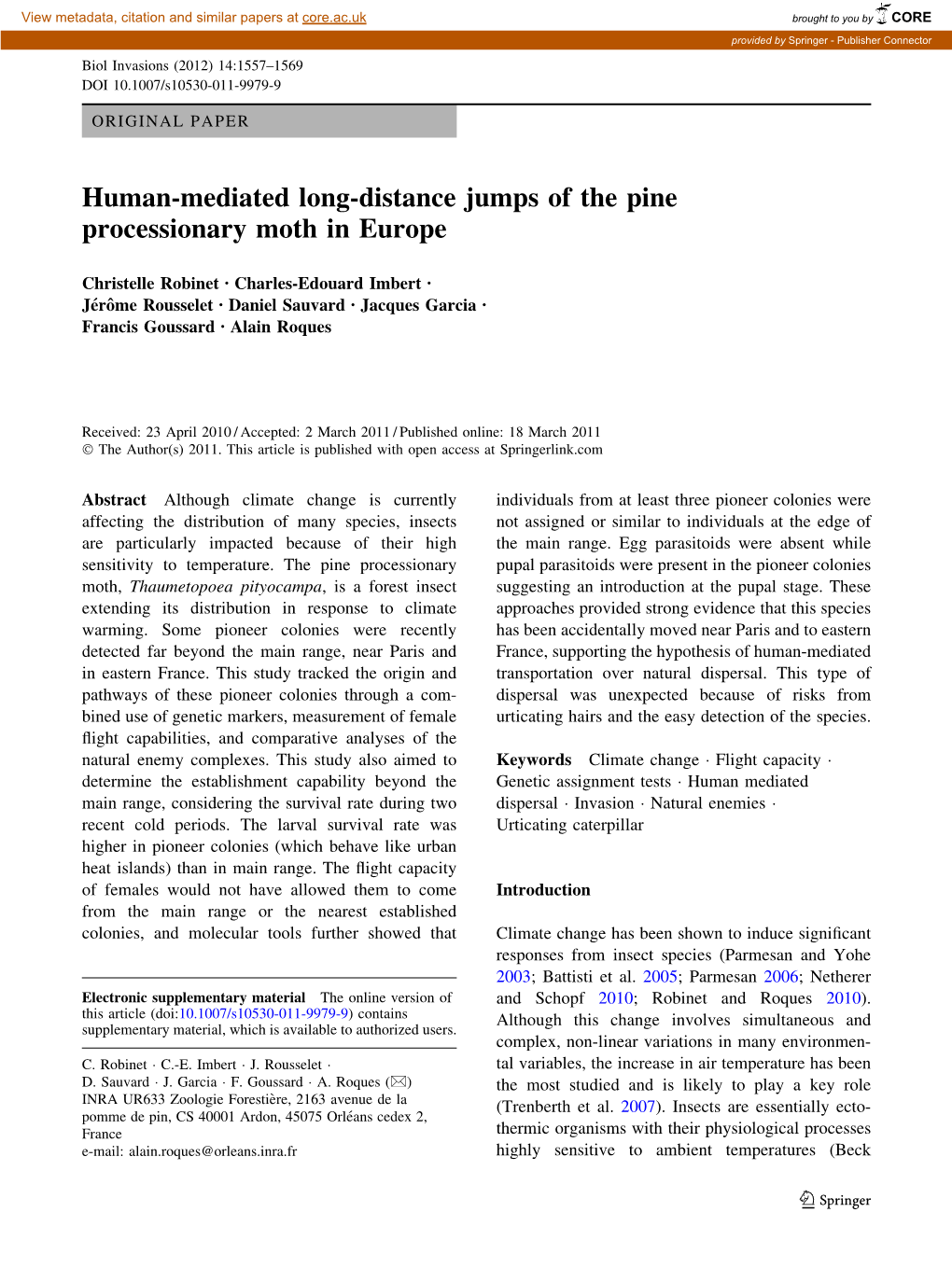 Human-Mediated Long-Distance Jumps of the Pine Processionary Moth in Europe