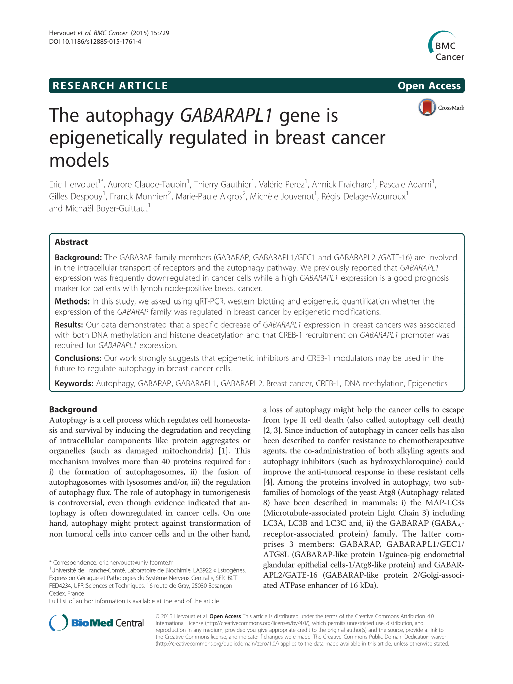 The Autophagy GABARAPL1 Gene Is Epigenetically Regulated in Breast