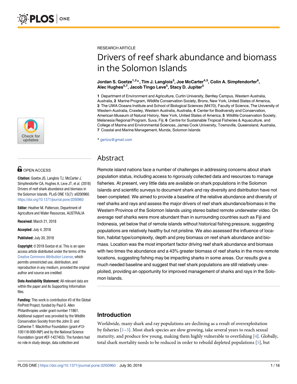 Drivers of Reef Shark Abundance and Biomass in the Solomon Islands