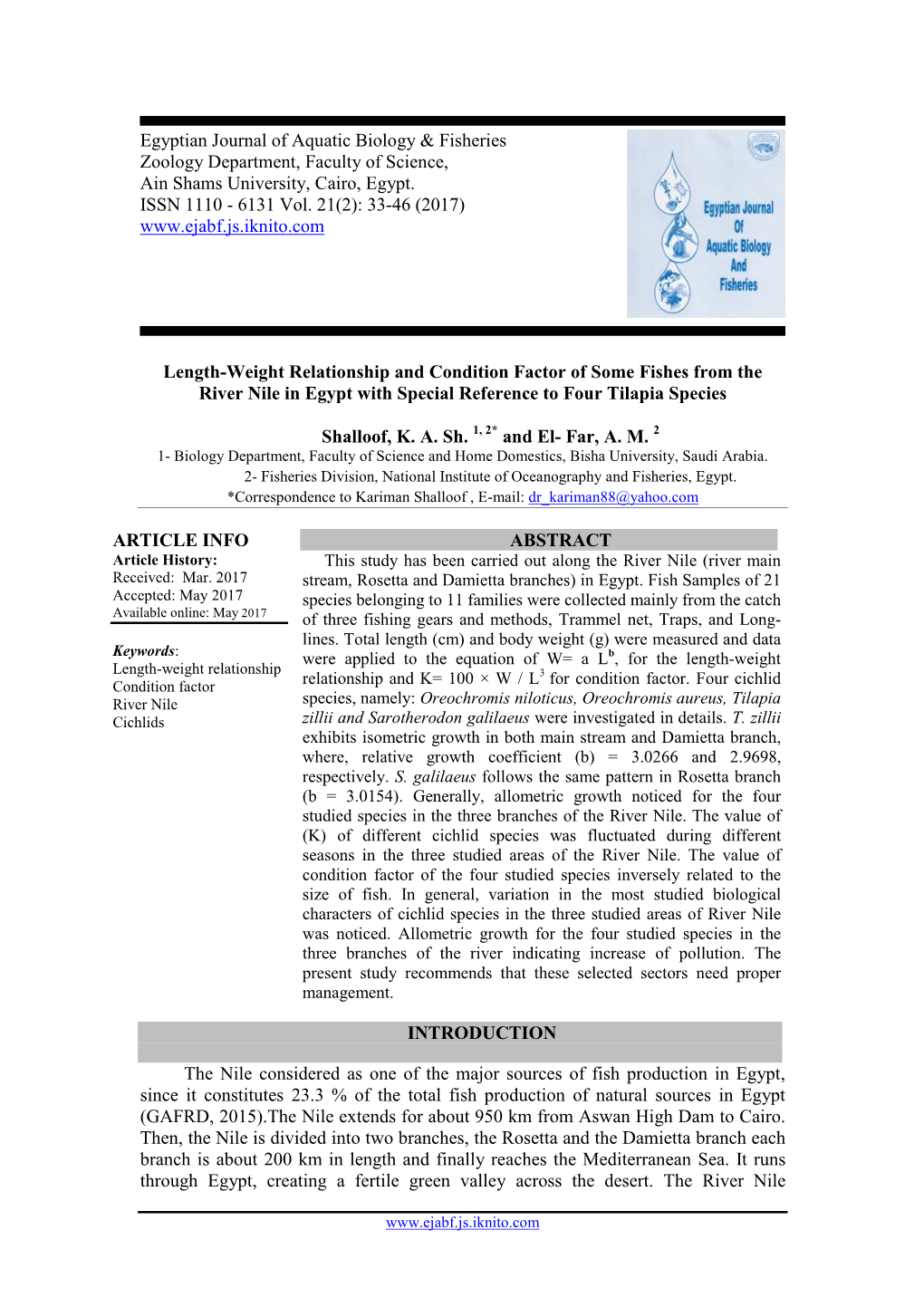 Length-Weight Relationship and Condition Factor of Some Fishes from the River Nile in Egypt with Special Reference to Four Tilapia Species