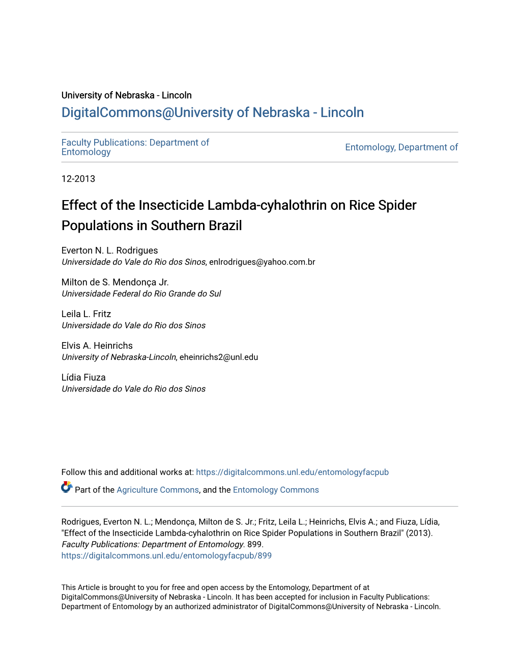 Effect of the Insecticide Lambda-Cyhalothrin on Rice Spider Populations in Southern Brazil
