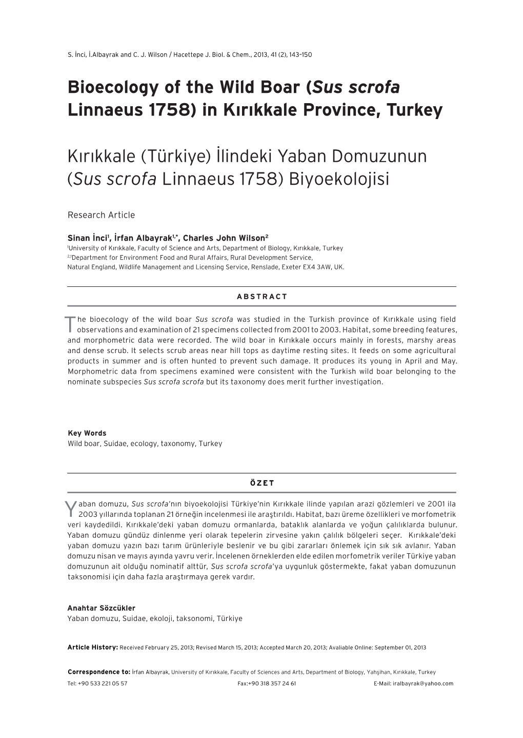 Bioecology of the Wild Boar (Sus Scrofa Linnaeus 1758) in Kırıkkale Province, Turkey