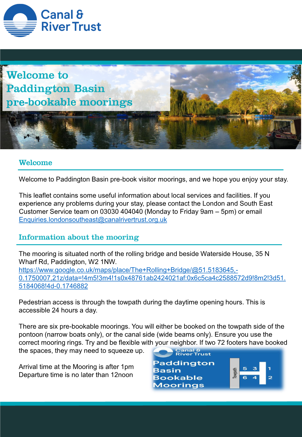 Paddington Basin Pre-Bookable Moorings Welcome Leaflet