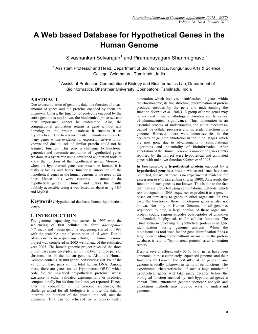 A Web Based Database for Hypothetical Genes in the Human Genome