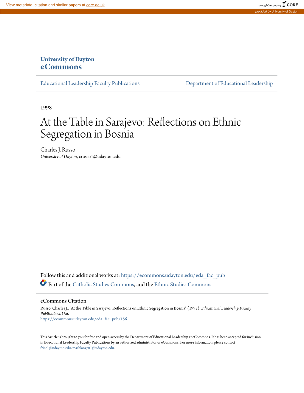 At the Table in Sarajevo: Reflections on Ethnic Segregation in Bosnia Charles J