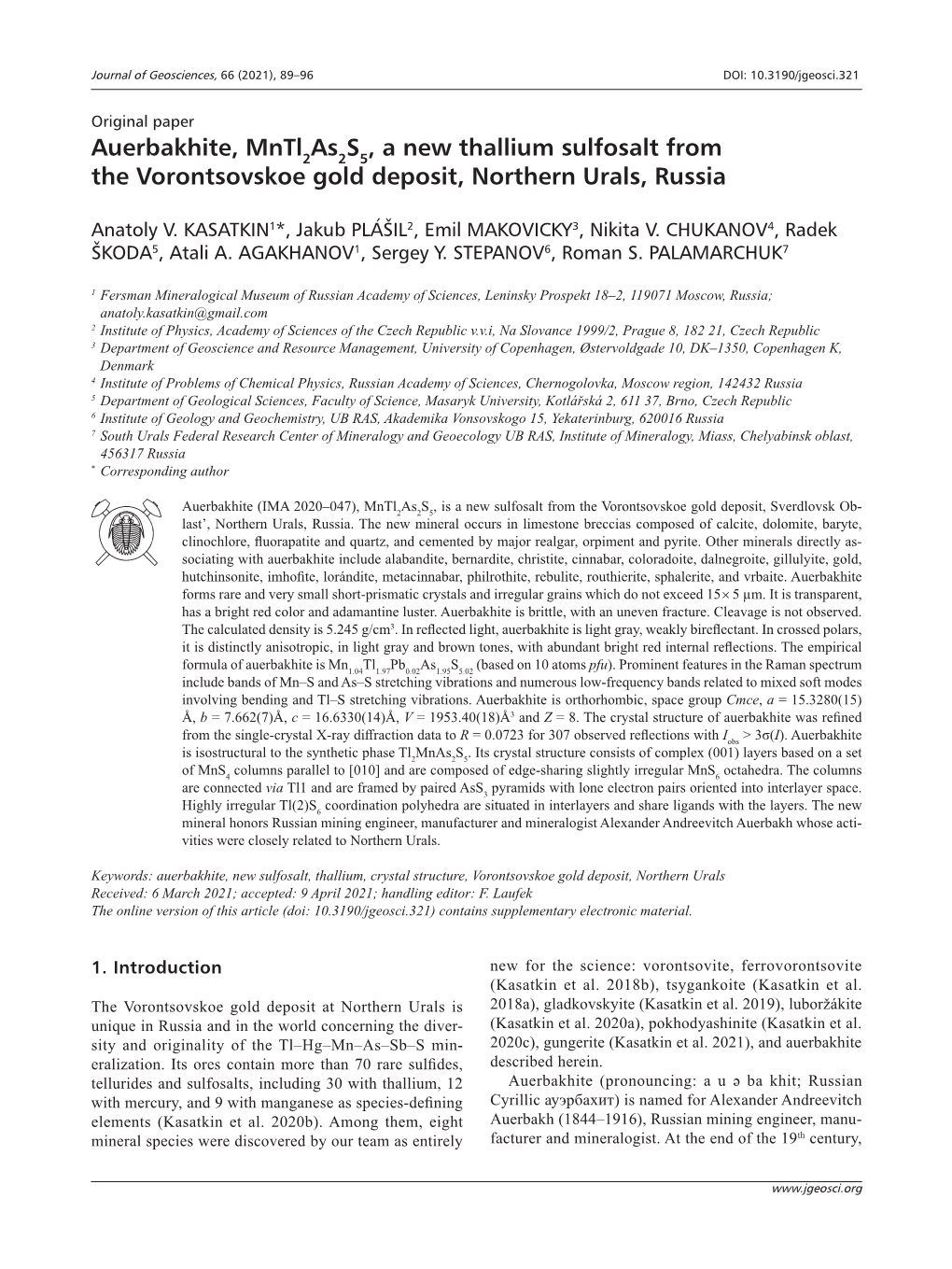 Auerbakhite, Mntl As S , a New Thallium Sulfosalt from The