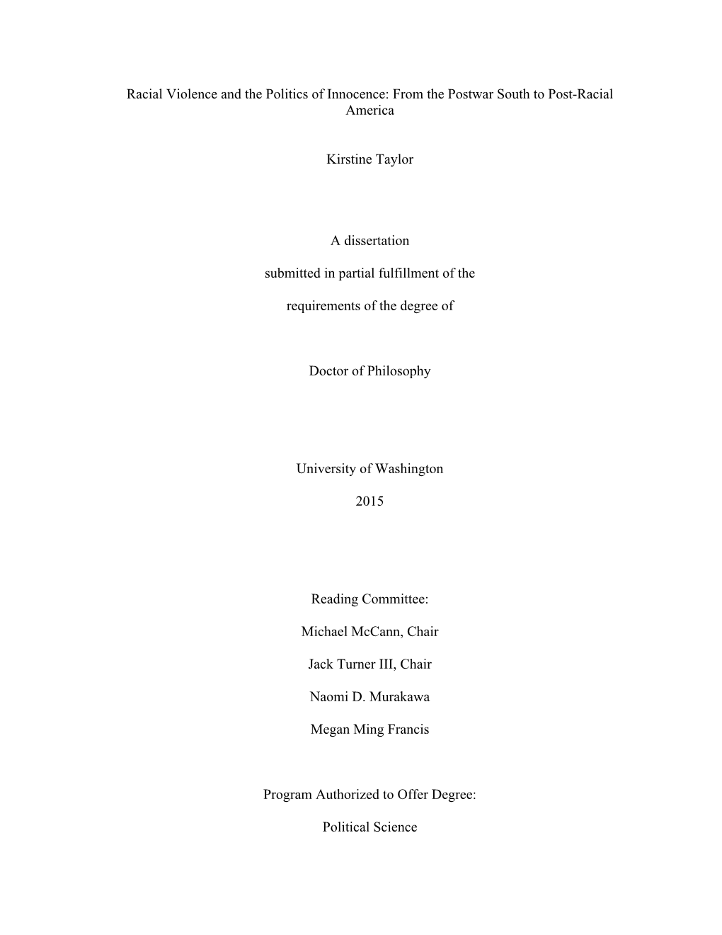 Racial Violence and the Politics of Innocence: from the Postwar South to Post-Racial America