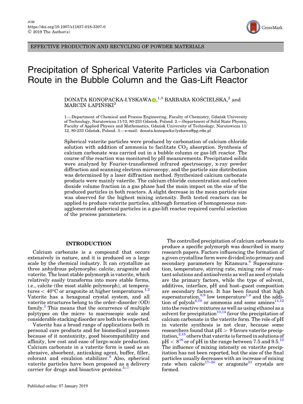 Precipitation of Spherical Vaterite Particles Via Carbonation Route in the Bubble Column and the Gas-Lift Reactor