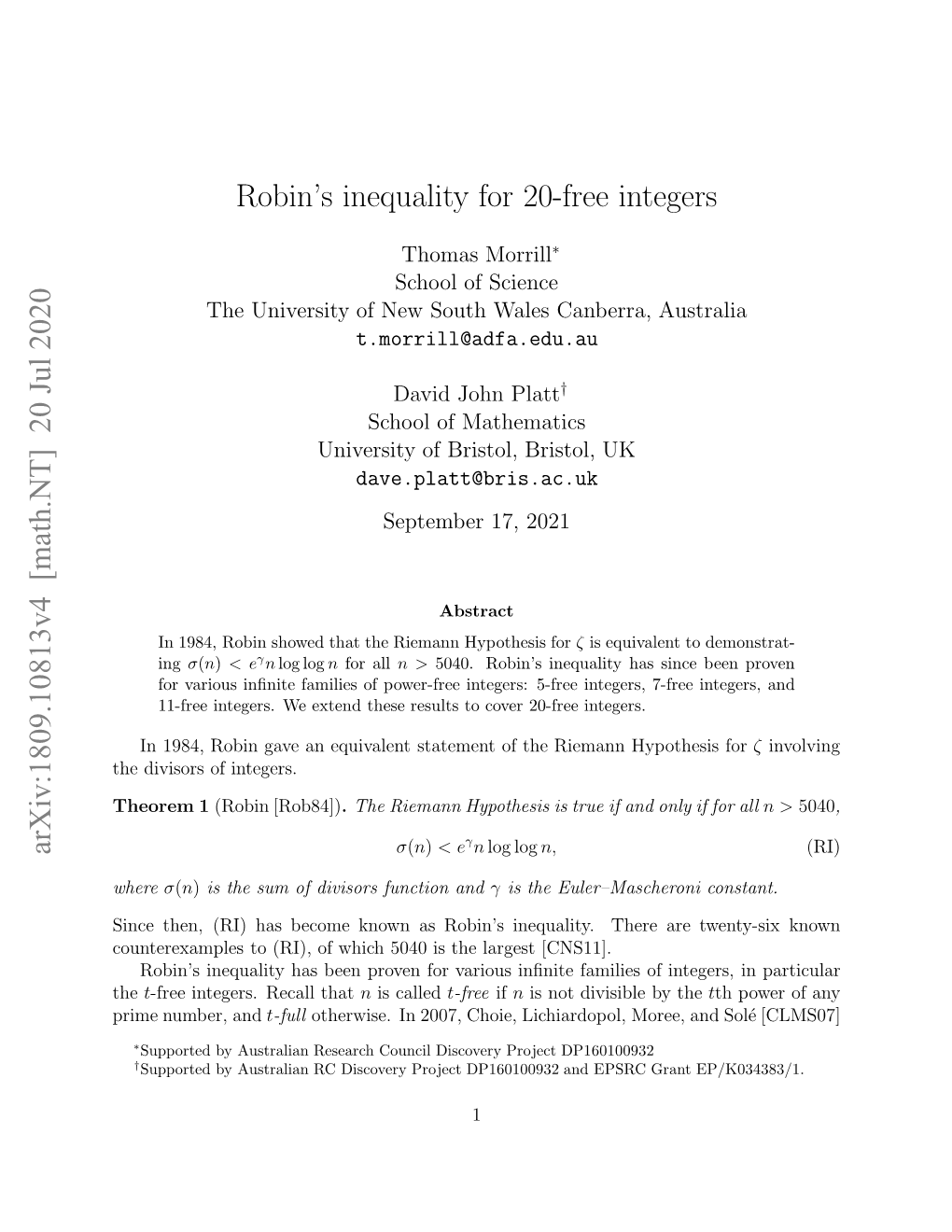 Arxiv:1809.10813V4 [Math.NT] 20 Jul 2020 Robin's Inequality for 20-Free