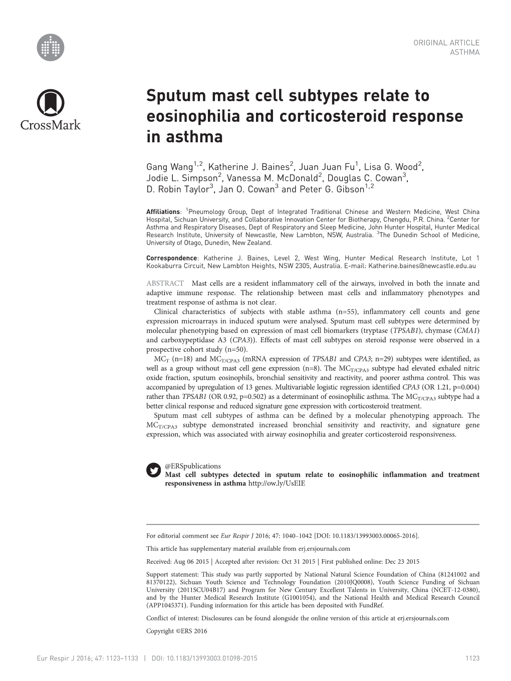 Sputum Mast Cell Subtypes Relate to Eosinophilia and Corticosteroid Response in Asthma