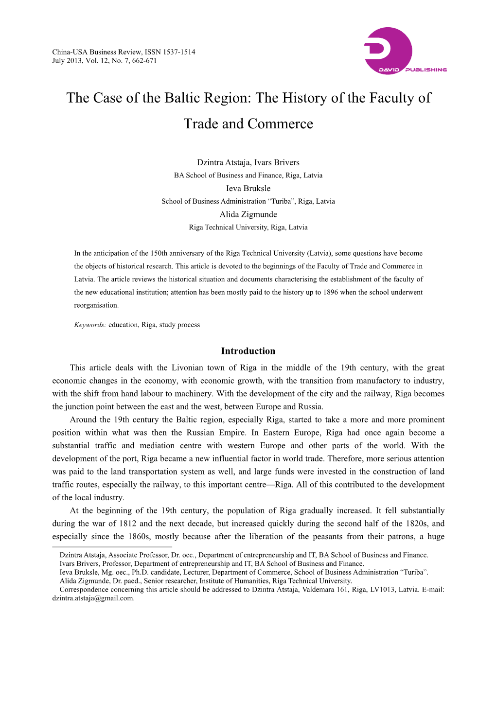 The Case of the Baltic Region: the History of the Faculty of Trade and Commerce