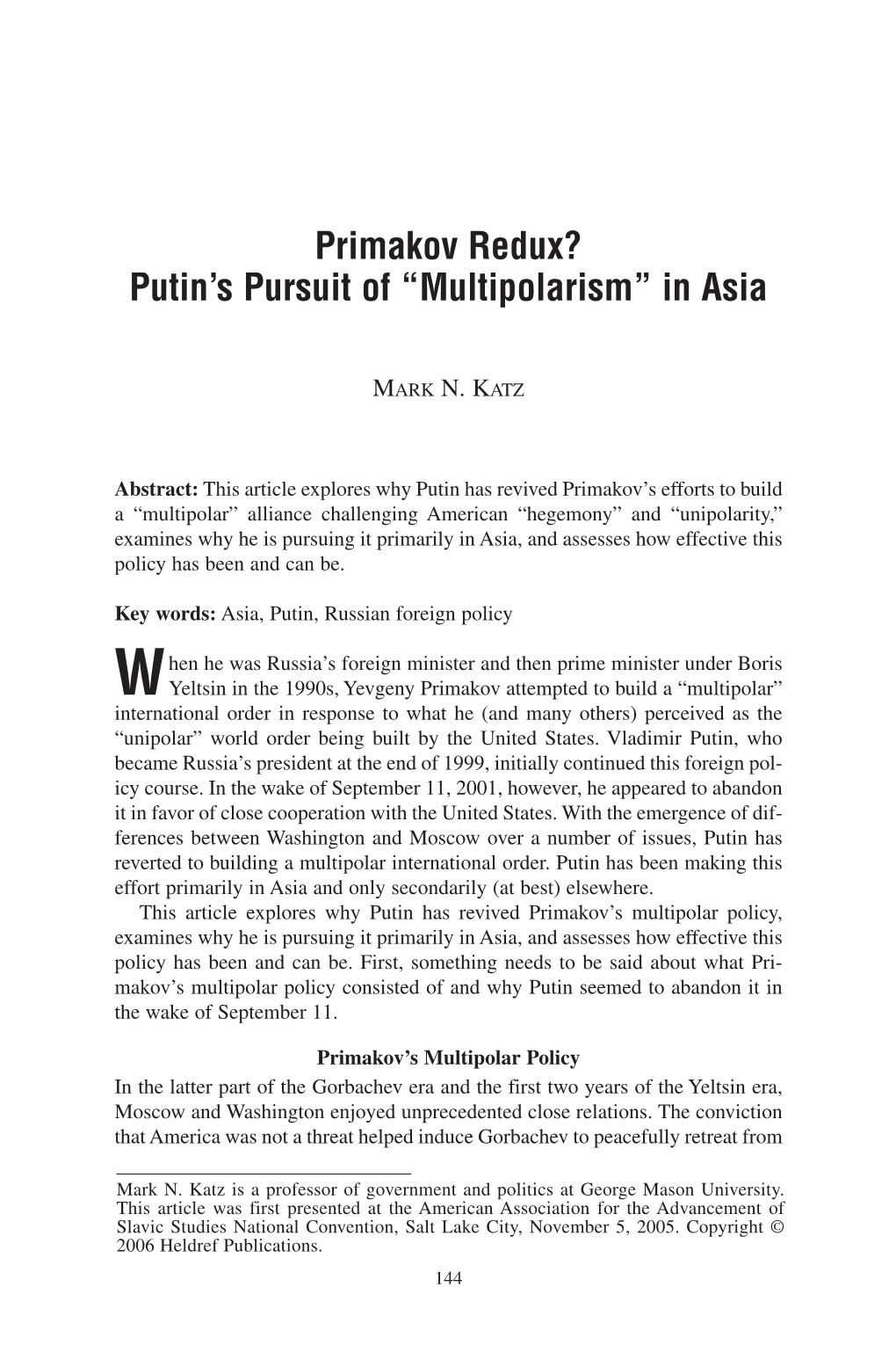 Primakov Redux? Putin's Pursuit of “Multipolarism” in Asia