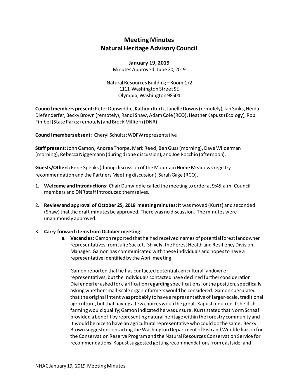 Meeting Minutes Natural Heritage Advisory Council
