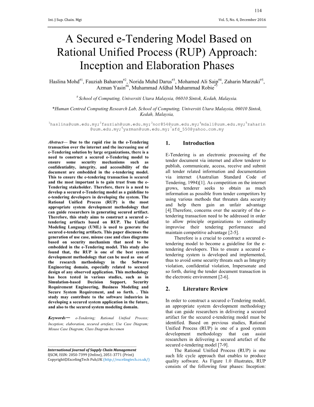 A Secured E-Tendering Model Based on Rational Unified Process (RUP) Approach: Inception and Elaboration Phases