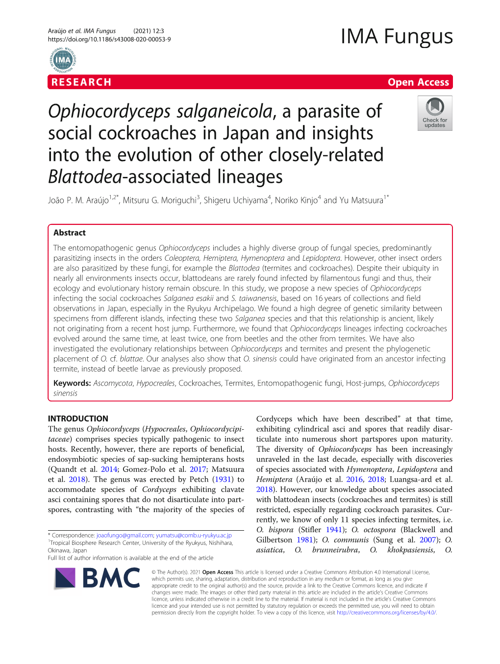 Ophiocordyceps Salganeicola, a Parasite of Social Cockroaches in Japan and Insights Into the Evolution of Other Closely-Related Blattodea-Associated Lineages João P