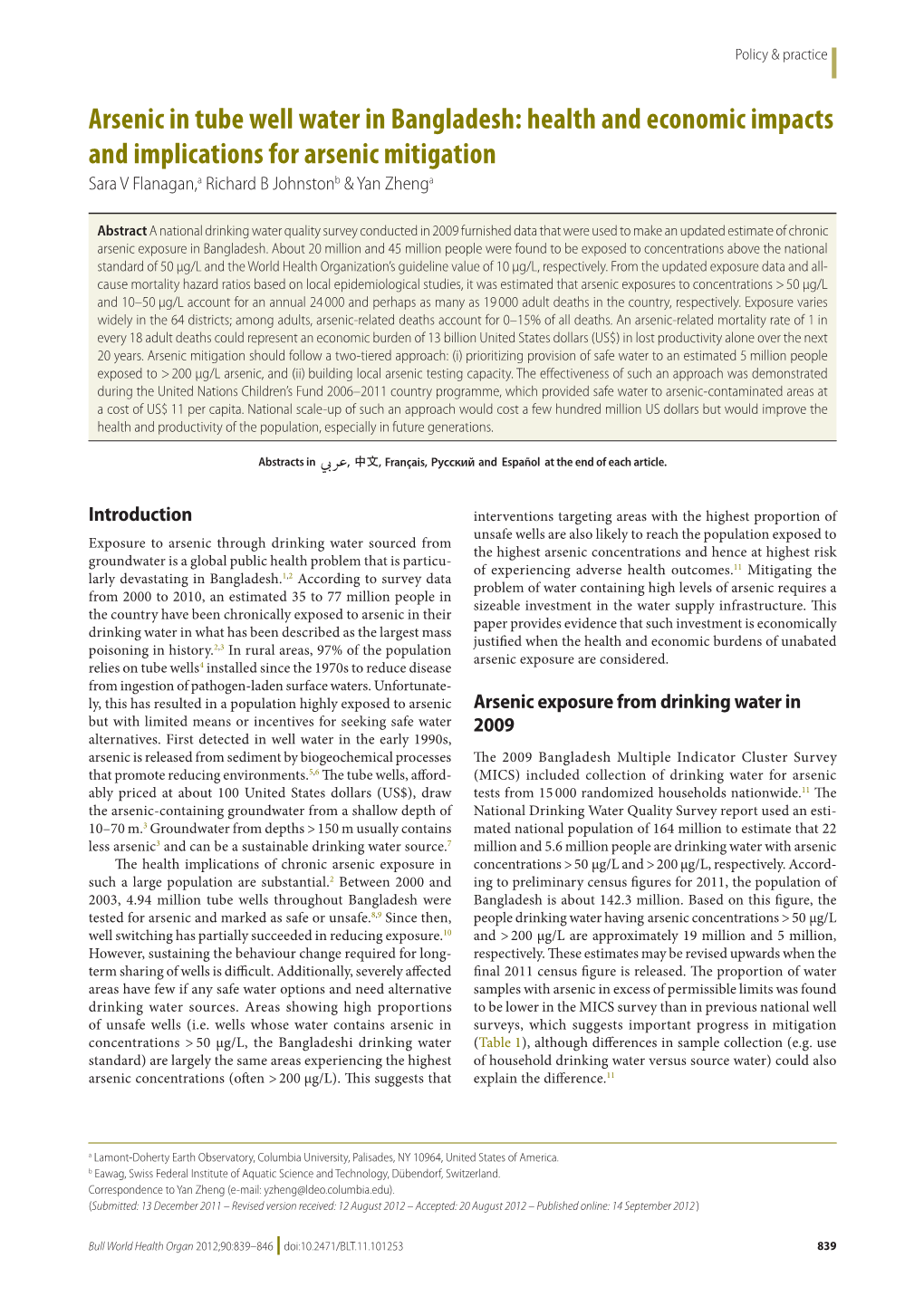 Arsenic in Tube Well Water in Bangladesh: Health and Economic Impacts and Implications for Arsenic Mitigation Sara V Flanagan,A Richard B Johnstonb & Yan Zhenga