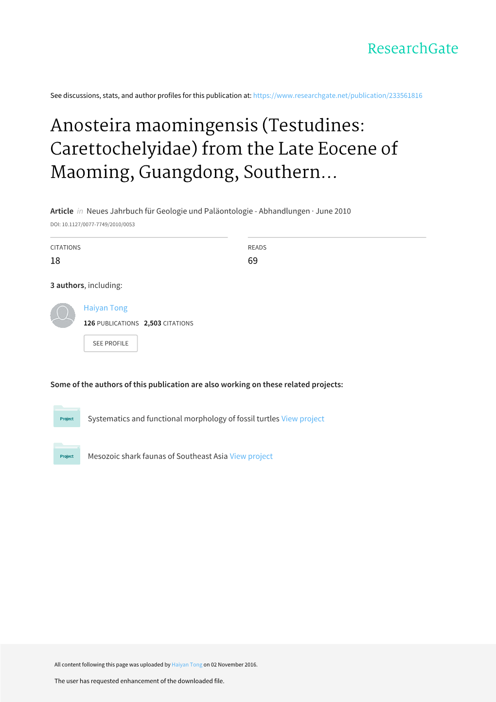 Anosteira Maomingensis (Testudines: Carettochelyidae) from the Late Eocene of Maoming, Guangdong, Southern