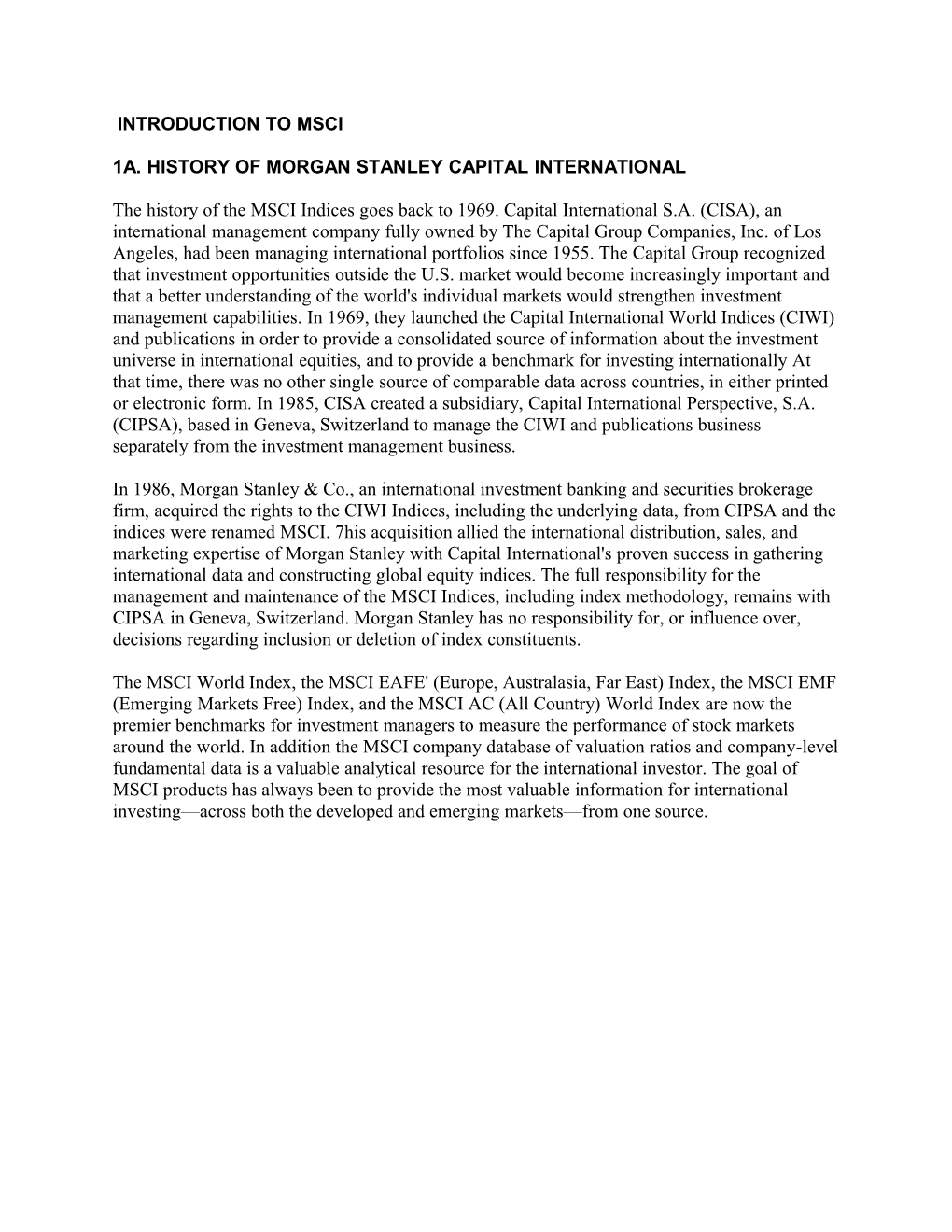 1A. History of Morgan Stanley Capital International