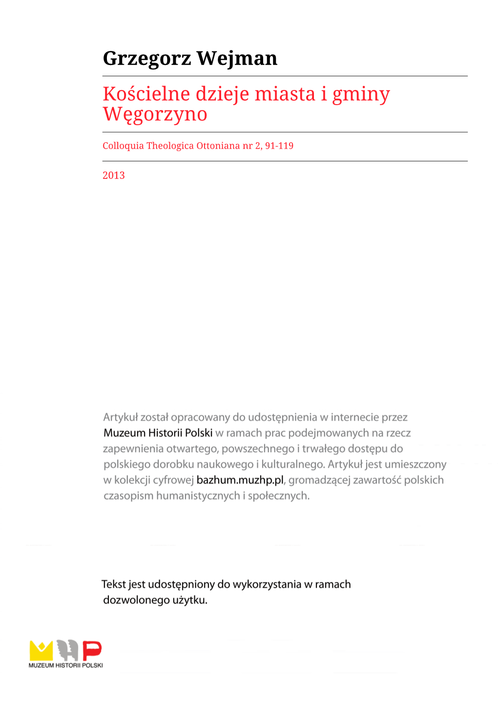 Grzegorz Wejman Kościelne Dzieje Miasta I Gminy Węgorzyno