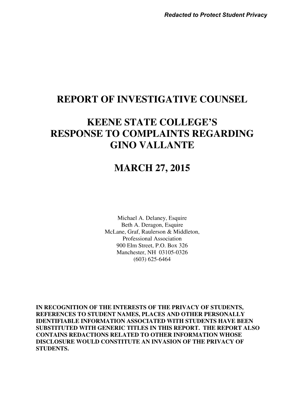 Report of Investigative Counsel Keene State College's Response To